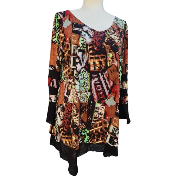 Eva Varro Abstract Art Asymmetrical Tunic Top Large Black Edgy Boho Artsy - Picture 3 of 10
